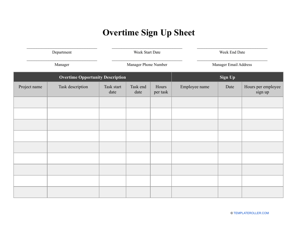 Overtime Sign up Sheet Template, Page 1