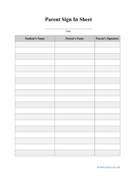 Document preview: Parent Sign in Sheet Template