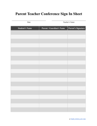 Document preview: Parent Teacher Conference Sign in Sheet Template