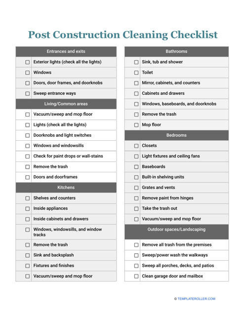Post Construction Cleaning Checklist Template - TemplateRoller.com