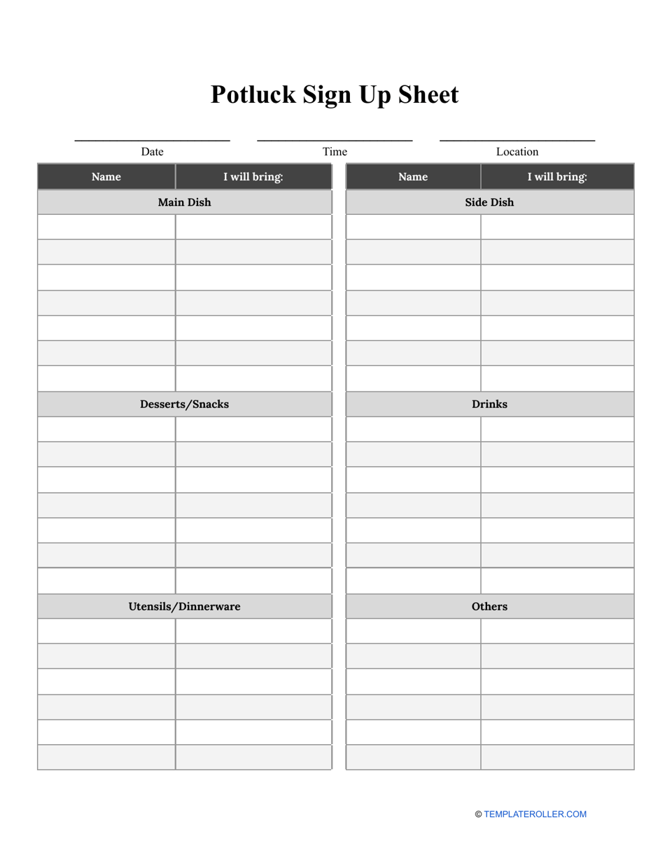 Potluck Sign up Sheet Template Preview