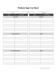 Document preview: Potluck Sign up Sheet Template