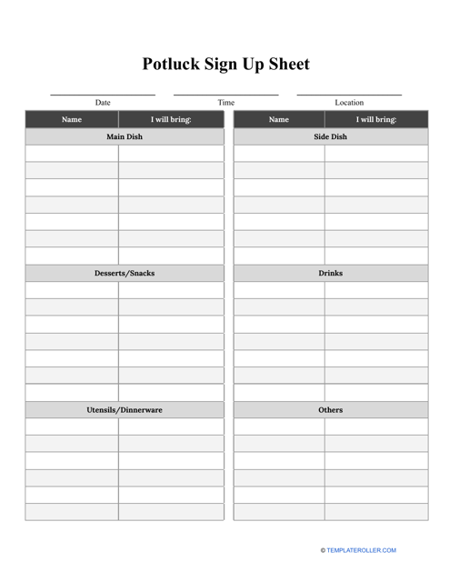 Potluck Sign up Sheet Template Preview