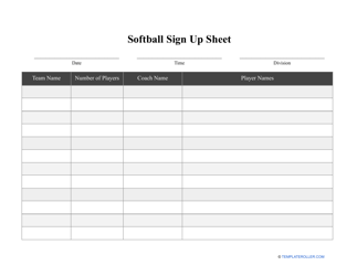 Document preview: Softball Sign up Sheet Template
