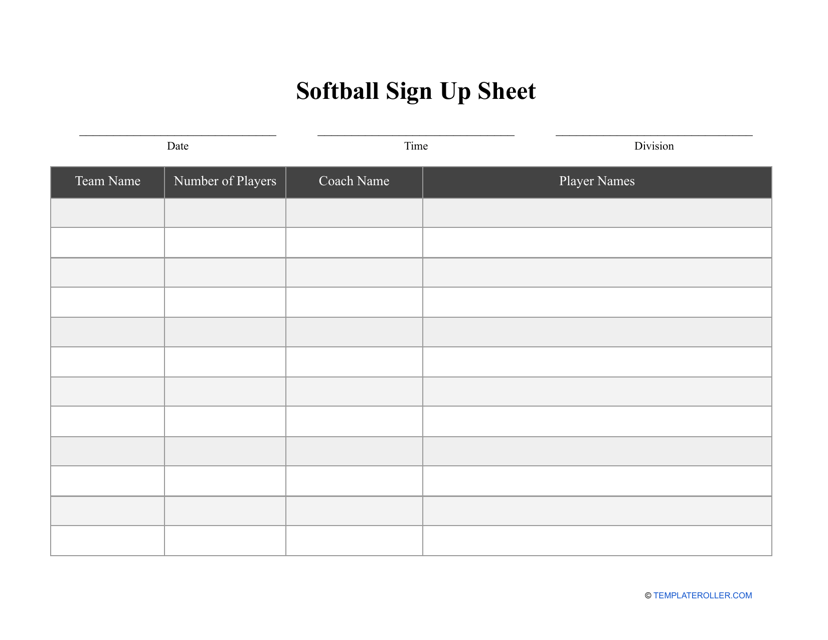 Softball Sign up Sheet Template Download Printable PDF Templateroller