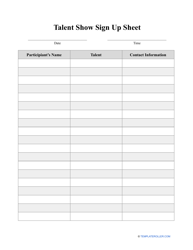 Document preview: Talent Show Sign up Sheet Template - Grey