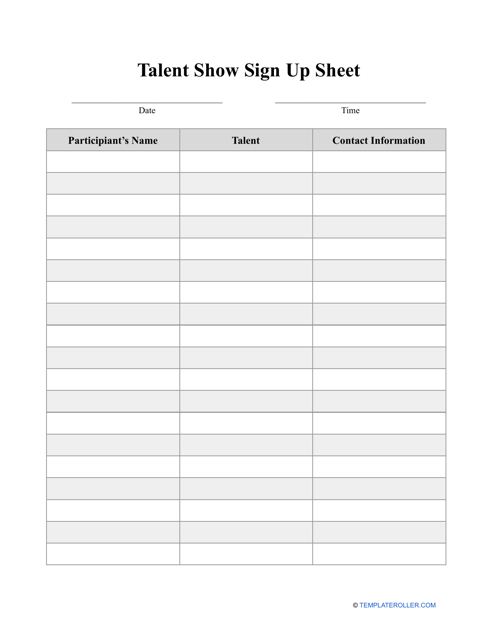 A preview image of the Talent Show Sign up Sheet Template in a classic grey color scheme.