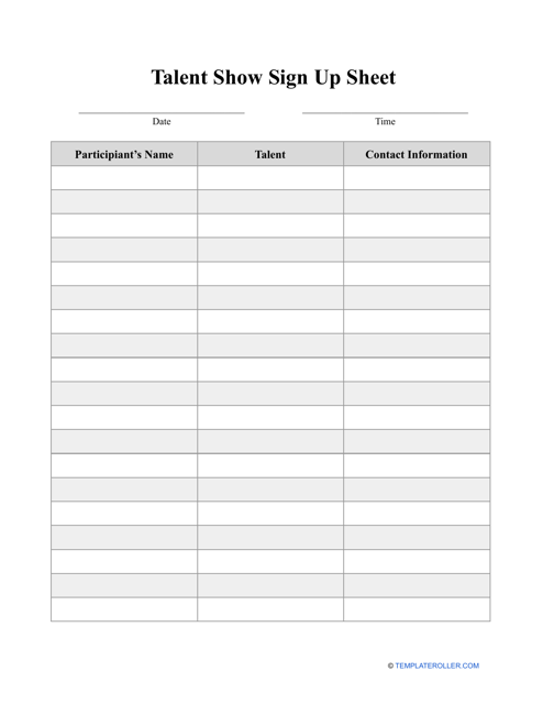 Talent Show Sign Up Sheet Template Grey Download Printable PDF 