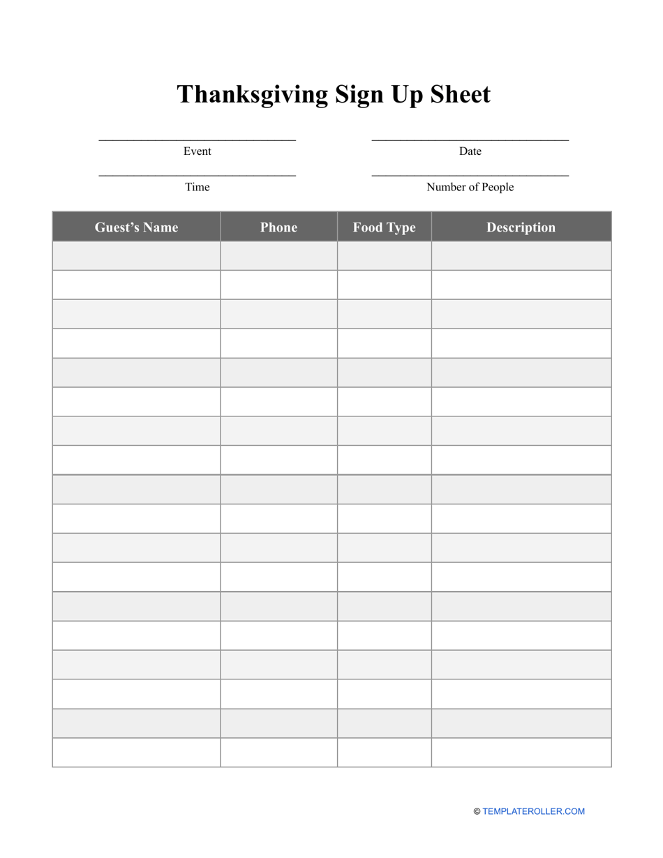 A vibrant Thanksgiving Sign up Sheet template with customizable fields for gathering names and contact information of attendees.