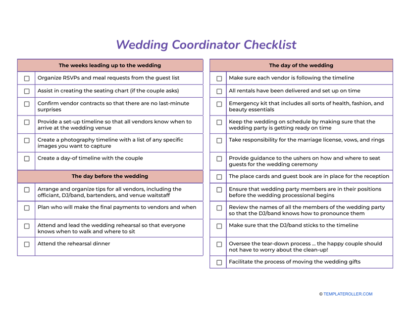 Wedding Coordinator Checklist Template