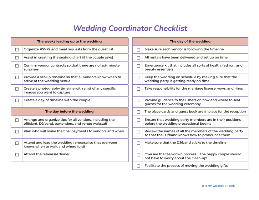 Wedding Coordinator Checklist Template Download Printable PDF Wedding Coordinator Checklist Template Download Printable PDF