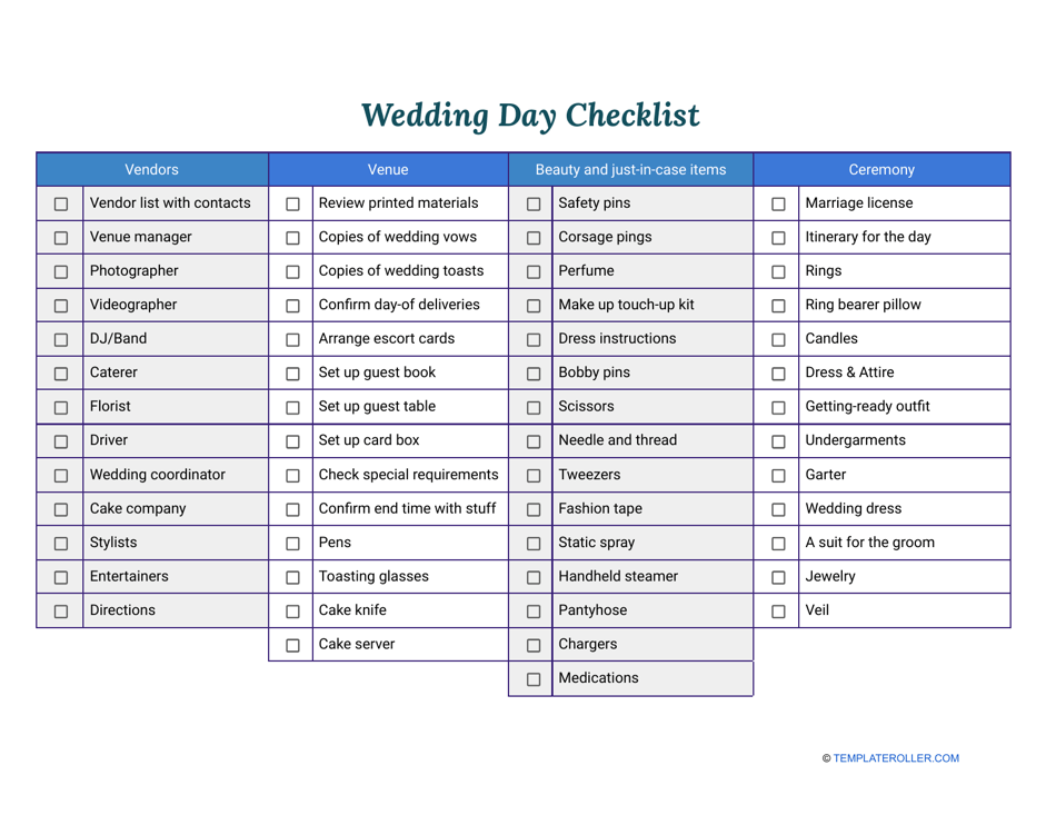 Wedding Day Checklist Template, Page 1