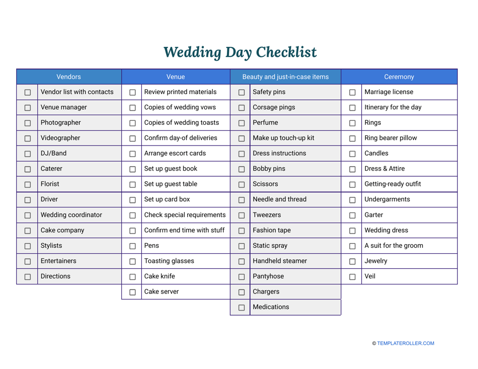 wedding day checklist template download printable pdf templateroller