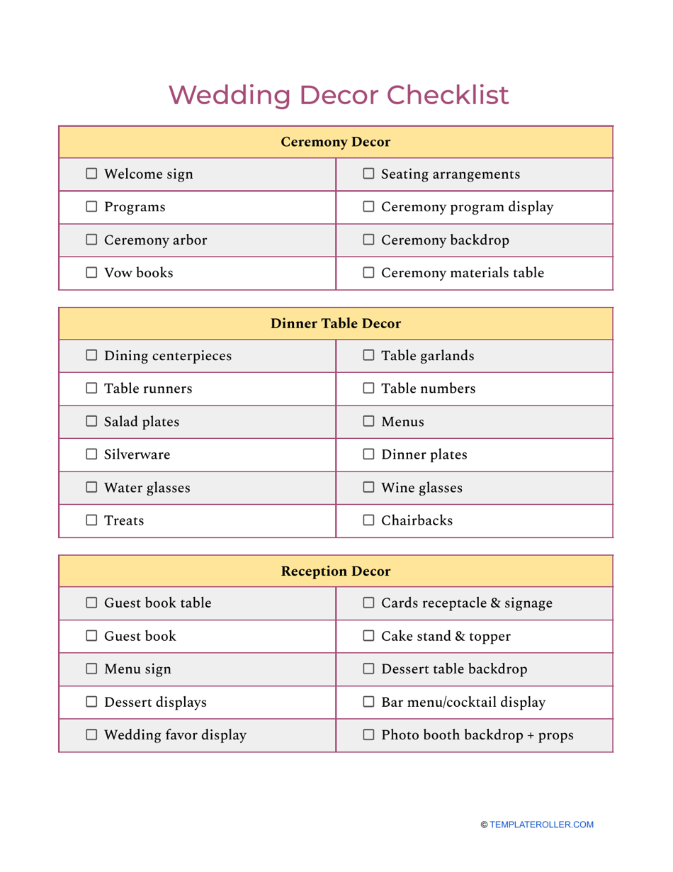 Wedding Decor Checklist Template - Free Printable