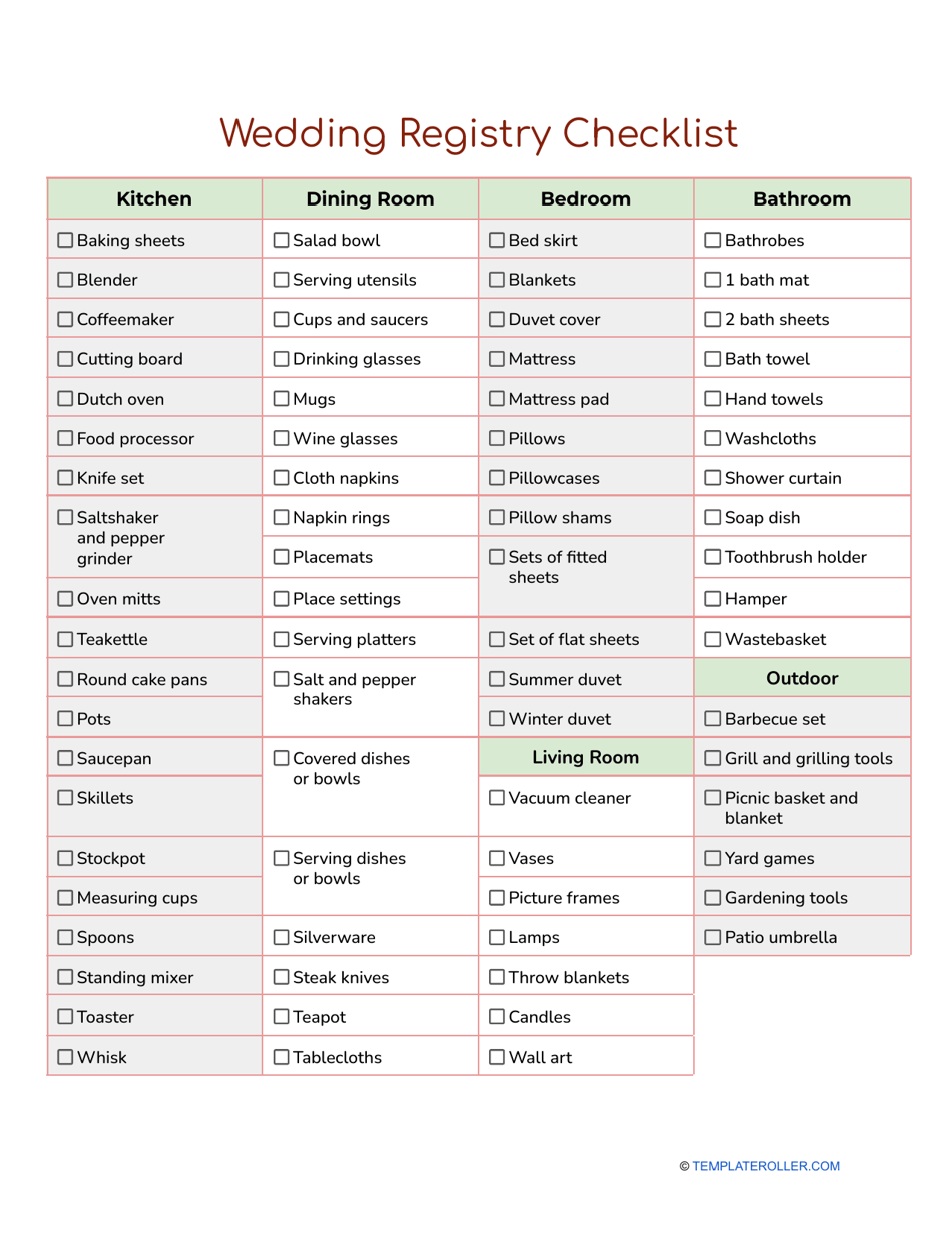 Wedding Registry Checklist Template, Page 1
