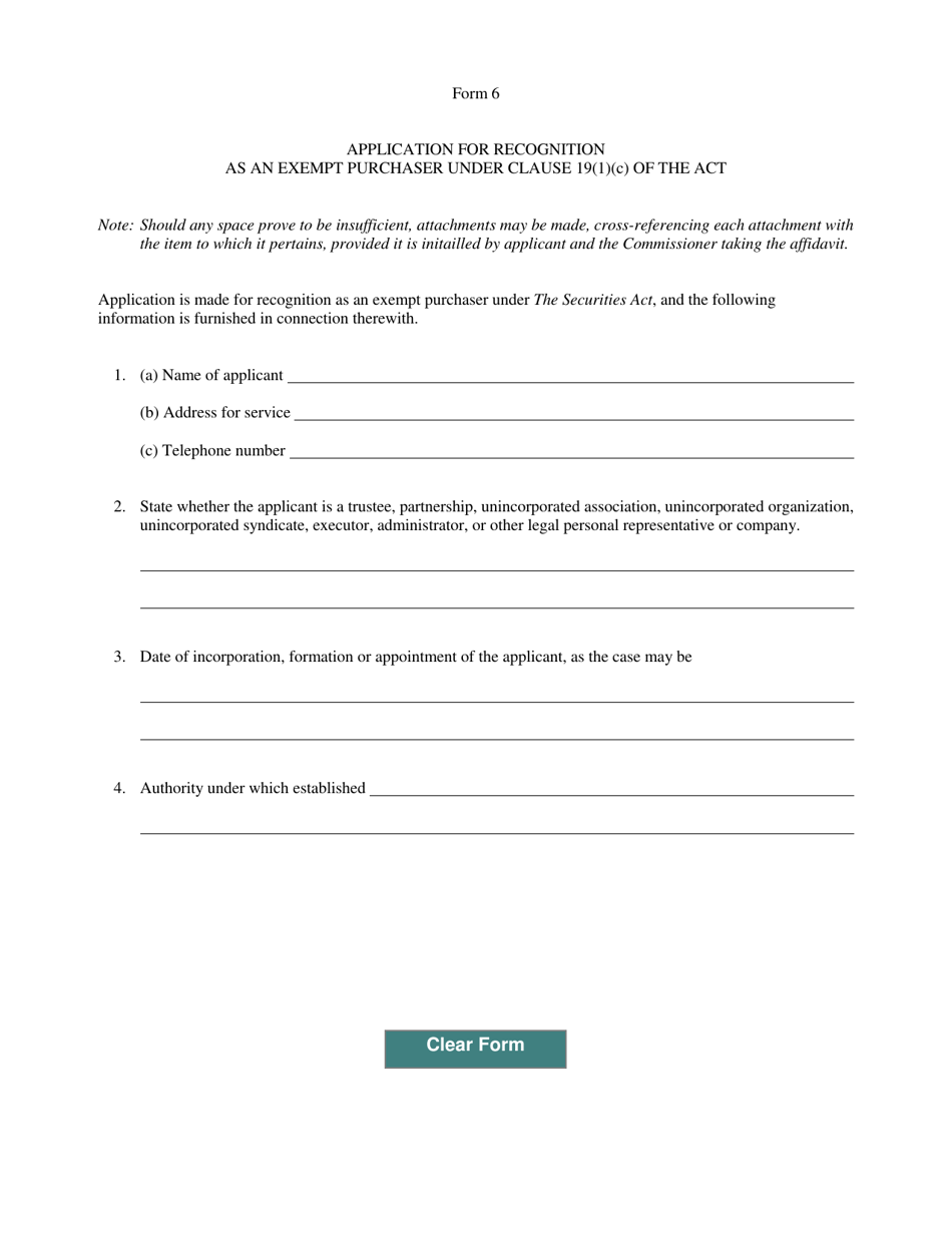 Form 6 Application for Recognition as an Exempt Purchaser Under Clause 19(1)(C) of the Act - Manitoba, Canada, Page 1