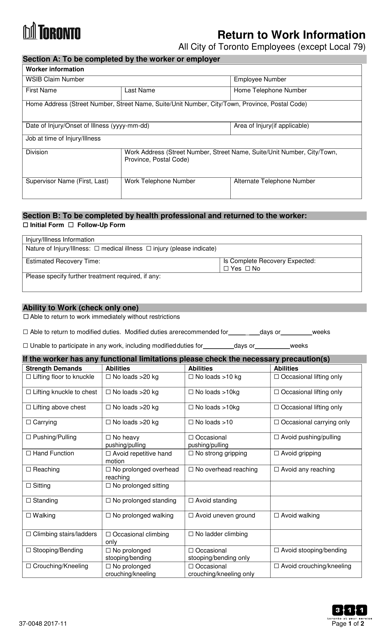 Form 37-0048 Return to Work Information - All City of Toronto Employees (Except Local 79) - City of Toronto, Ontario, Canada