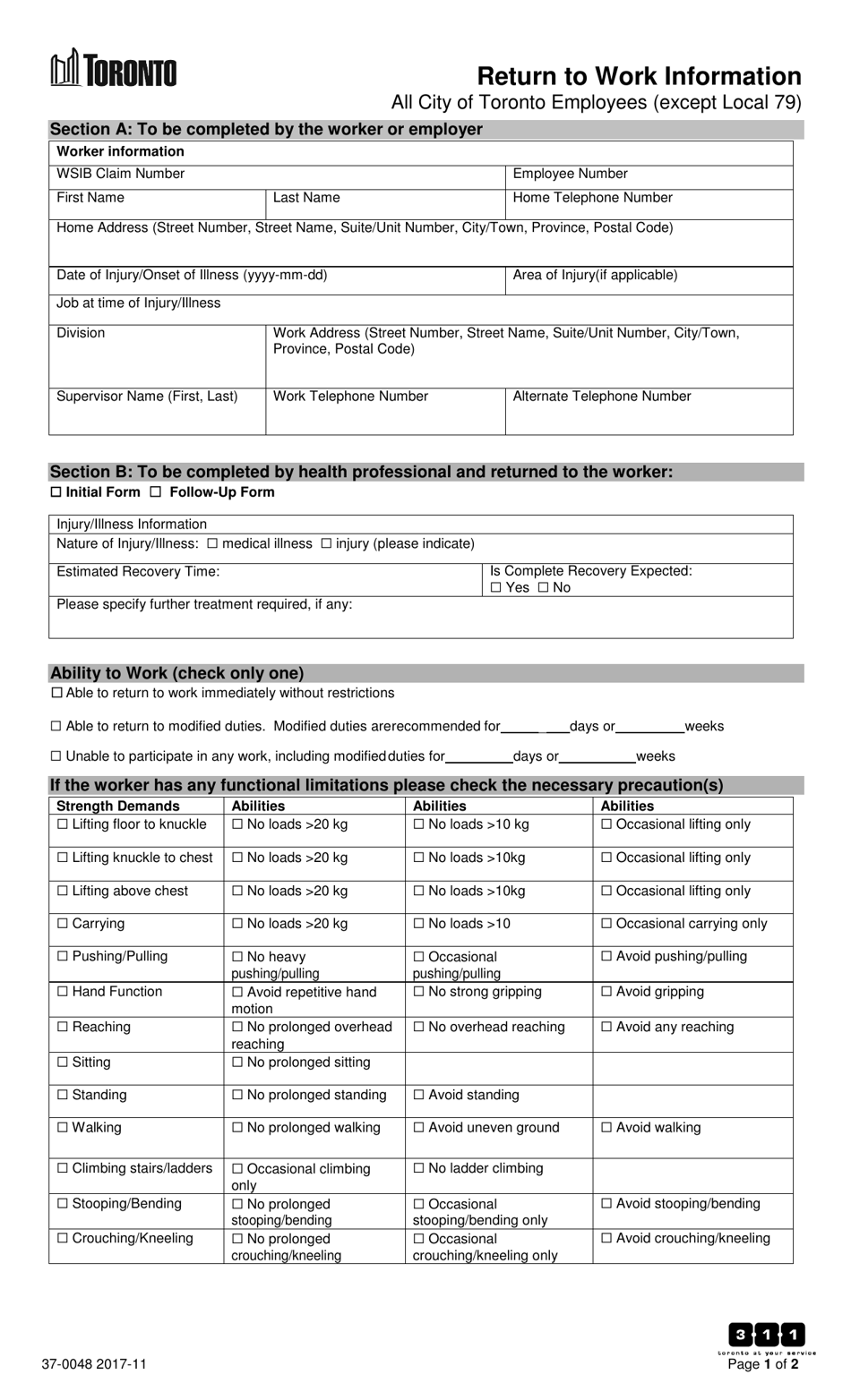 Form 37-0048 Return to Work Information - All City of Toronto Employees (Except Local 79) - City of Toronto, Ontario, Canada, Page 1