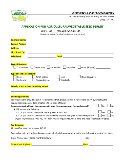 Application for Agricultural / Vegetable Seed Permit - Iowa Download Pdf