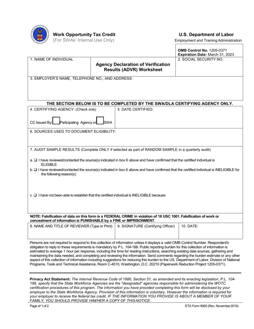 ETA Form 9065 Wotc Agency Declaration of Verification Results (Advr) Worksheet