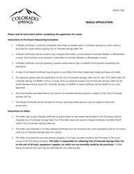 Document preview: Resale Application - City of Colorado Springs, Colorado