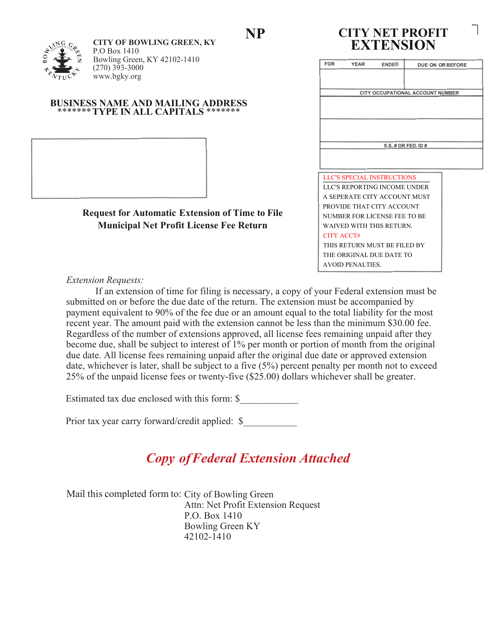 Request for Automatic Extension of Time to File Municipal Net Profit License Fee Return - City of Bowling Green, Kentucky