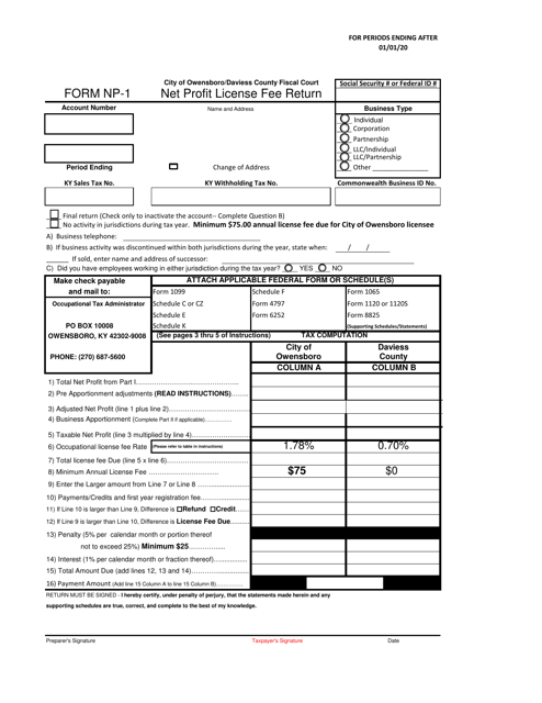 Form NP-1 Net Profit License Fee Return - City of Owensboro, Kentucky