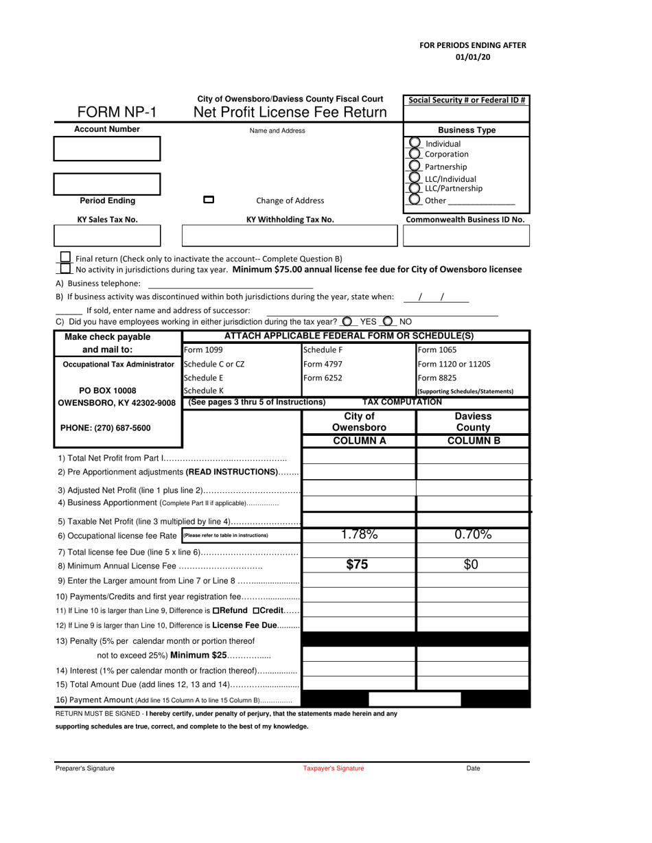 Form NP-1 Net Profit License Fee Return - City of Owensboro, Kentucky, Page 1