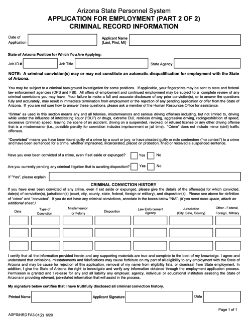 Form ASPS/HRD FA3.01(2) Part 2 Application for Employment - Criminal Record Information - Arizona