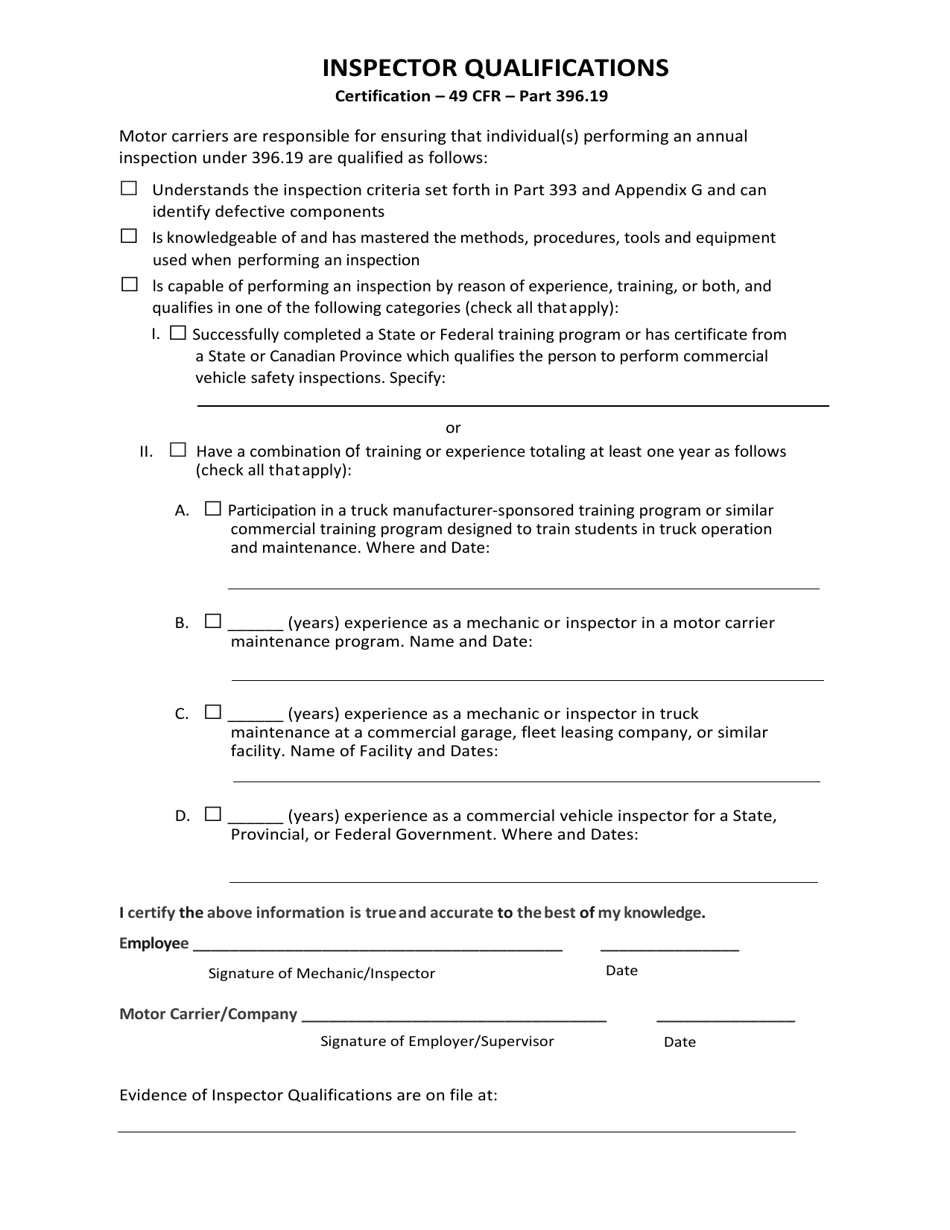 Vehicle and Brake Inspector Qualifications, Page 1