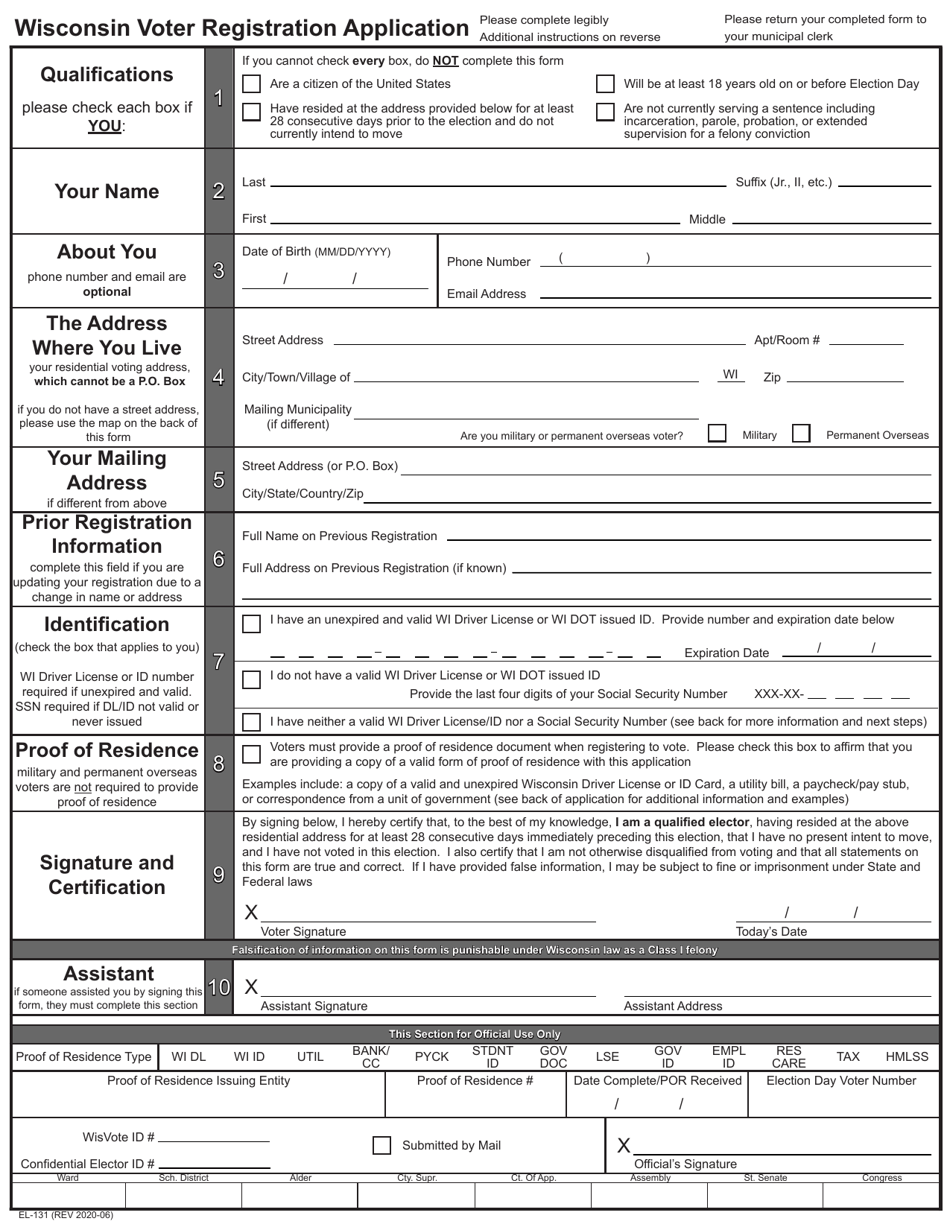 Form EL-131 Wisconsin Voter Registration Application - Wisconsin, Page 1