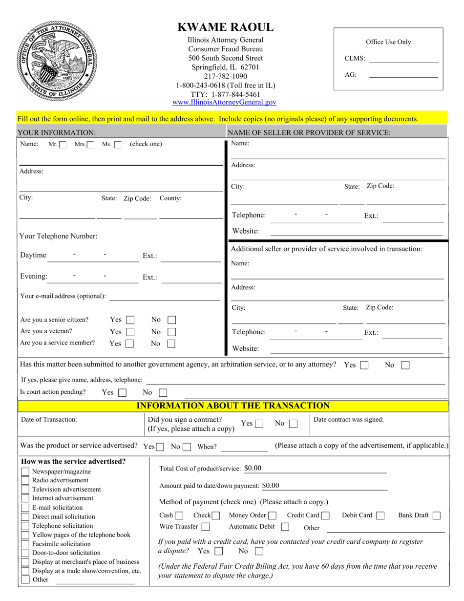 Consumer Complaint Form - Illinois, Page 1