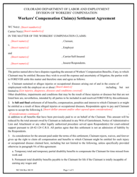 Form WC104 Workers' Compensation Claim(S) Settlement Agreement - Colorado