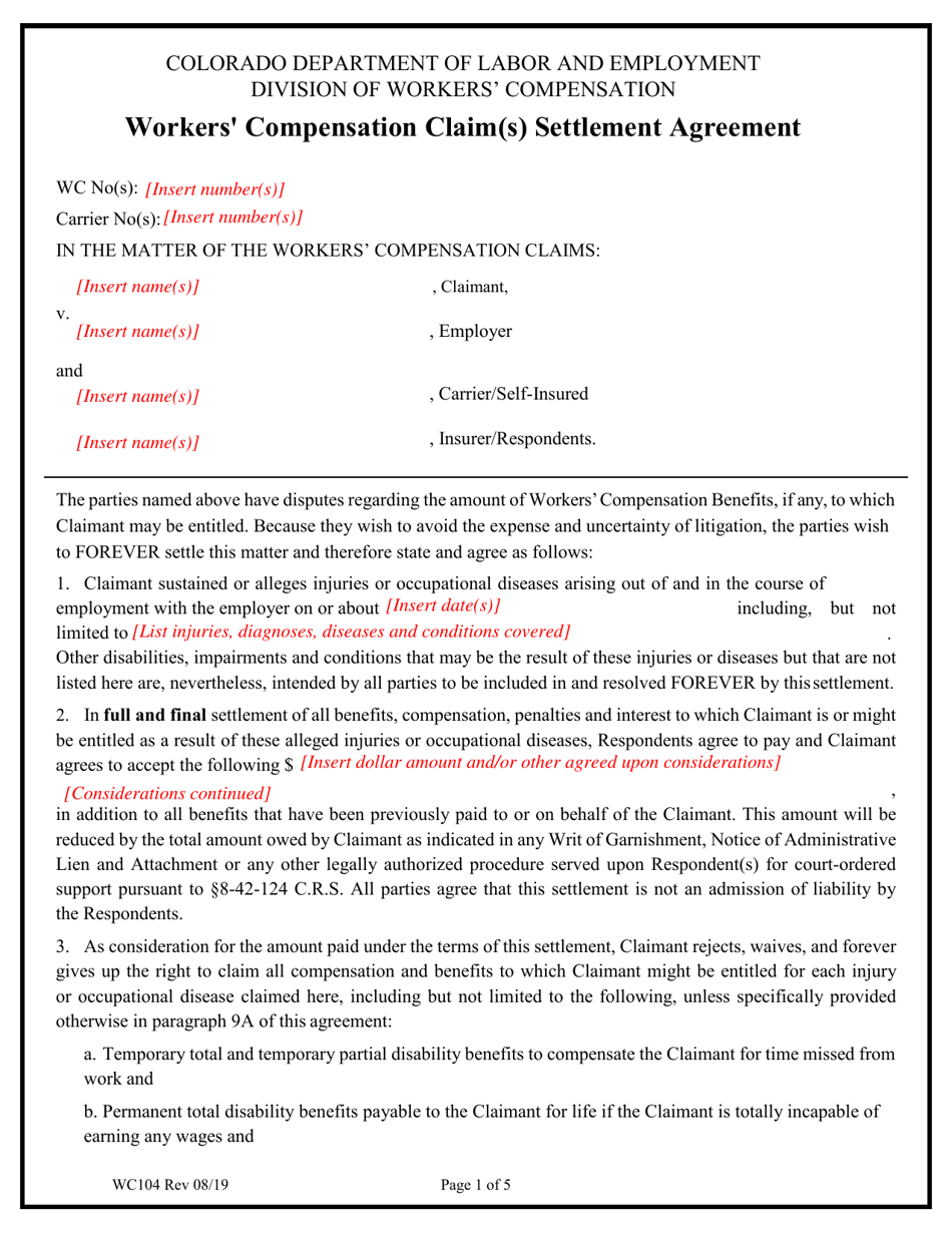 Form WC104 Workers Compensation Claim(S) Settlement Agreement - Colorado, Page 1