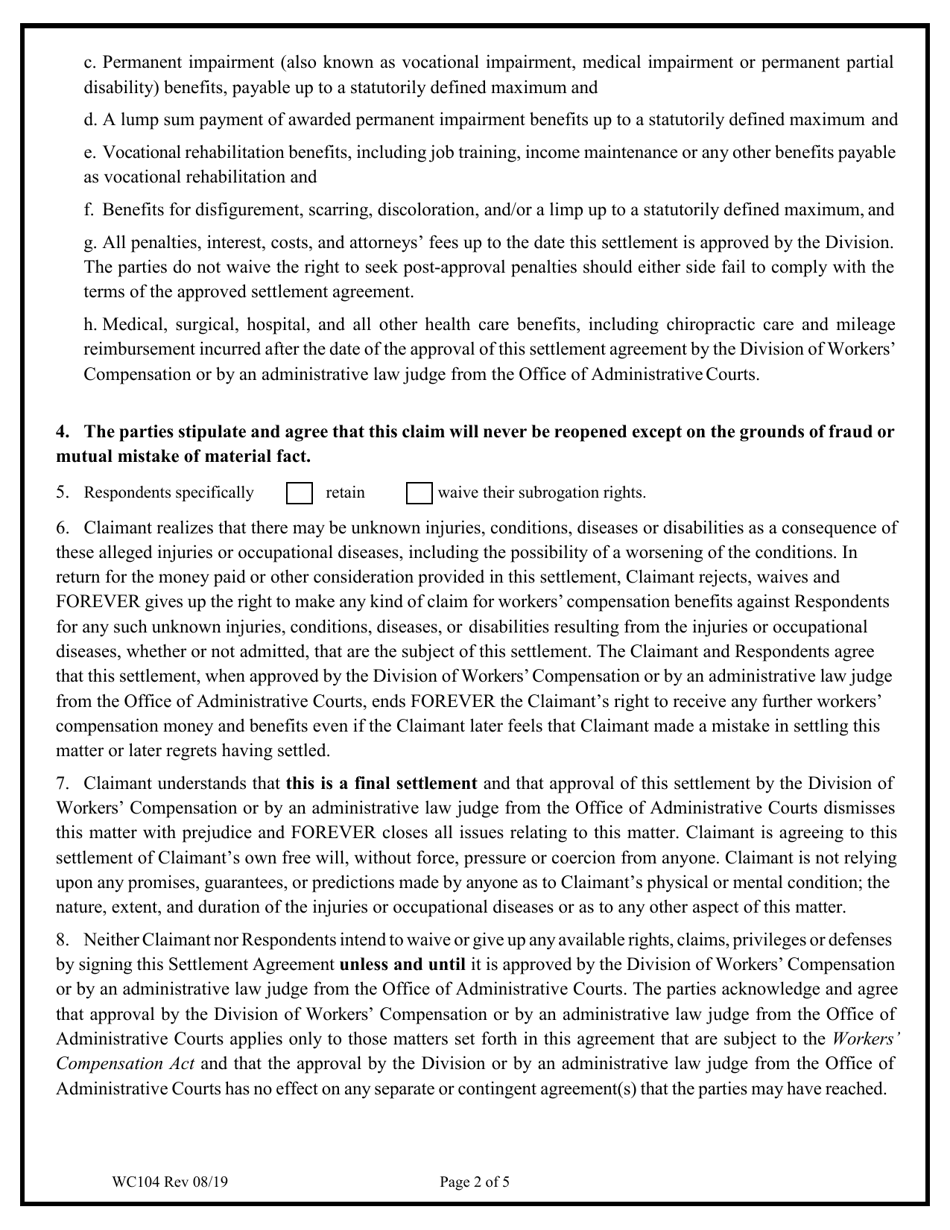 Form WC104 Workers Compensation Claim(S) Settlement Agreement - Colorado, Page 2