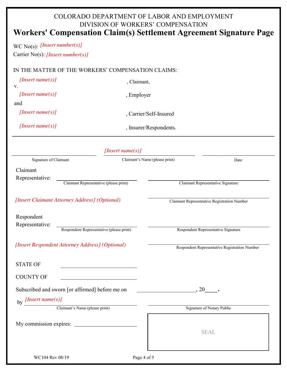 Form WC104 Workers Compensation Claim(S) Settlement Agreement - Colorado, Page 4