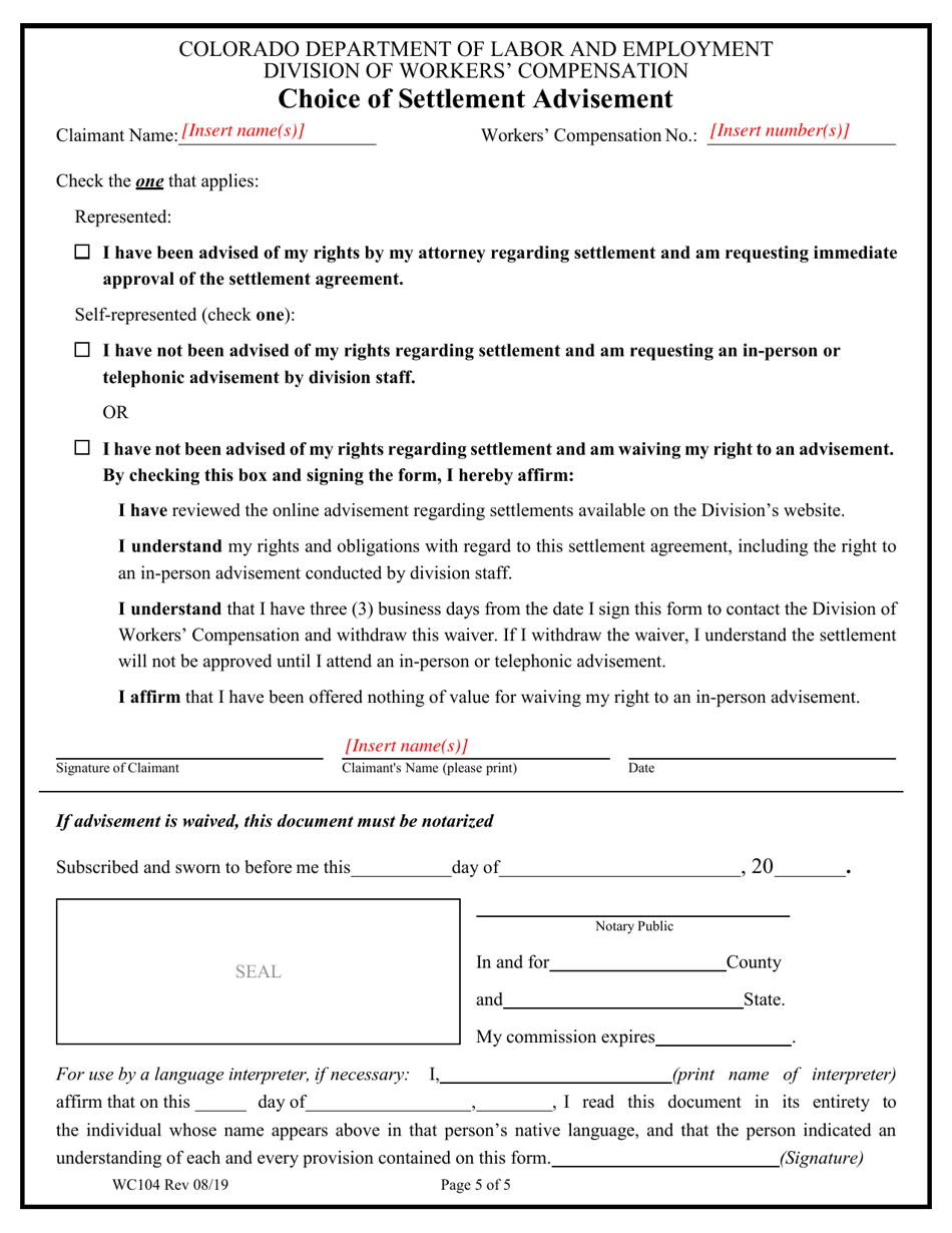 Form WC104 Workers Compensation Claim(S) Settlement Agreement - Colorado, Page 5