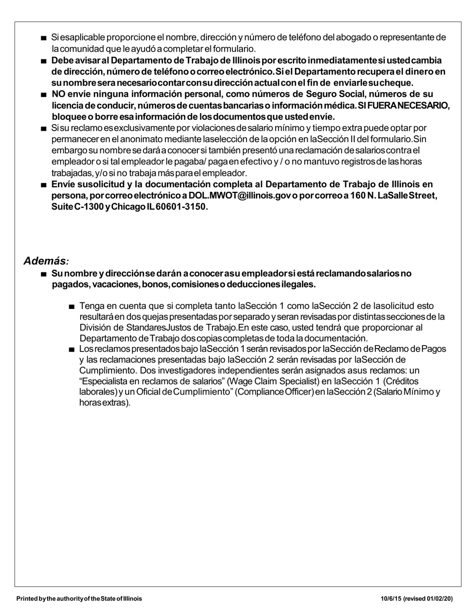 Solicitud De Reclamo De Salario Y Sueldo Minimo - Illinois (Spanish), Page 3