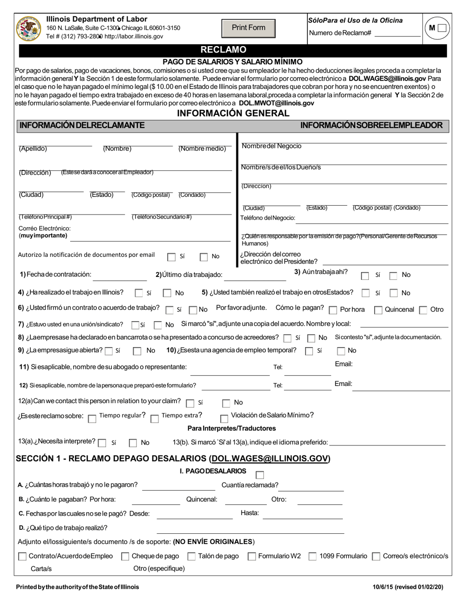 Solicitud De Reclamo De Salario Y Sueldo Minimo - Illinois (Spanish), Page 4
