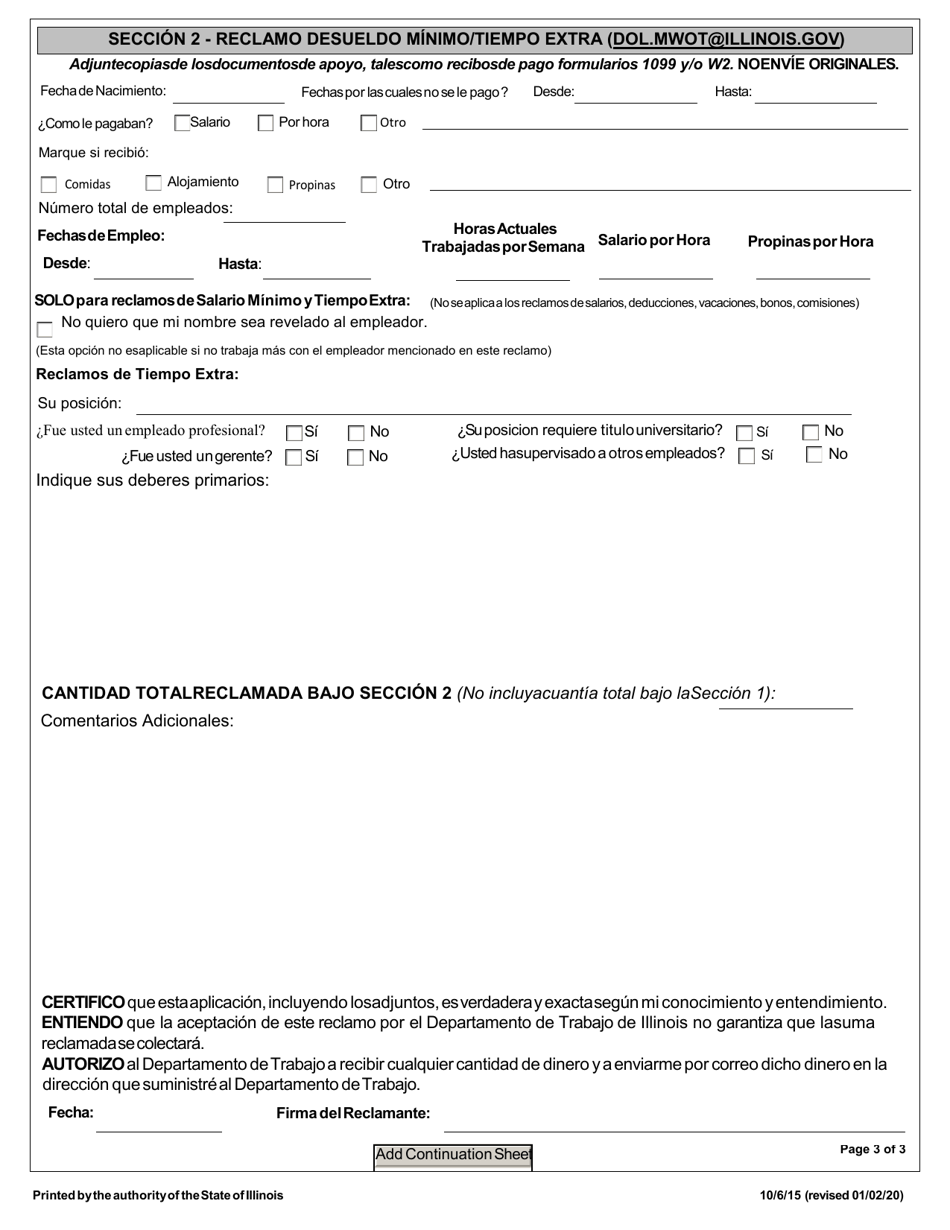 Solicitud De Reclamo De Salario Y Sueldo Minimo - Illinois (Spanish), Page 6