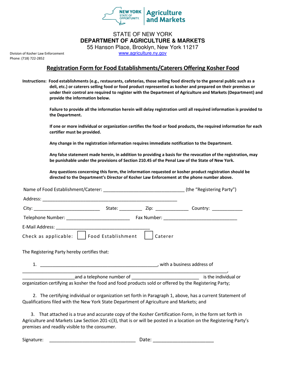 Registration Form for Food Establishments / Caterers Offering Kosher Food - New York, Page 1