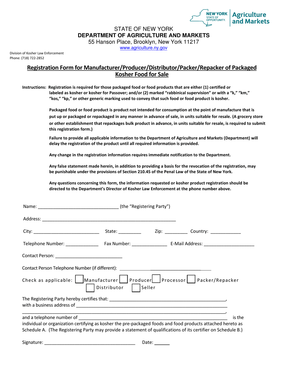 Registration Form for Manufacturer / Producer / Distributor / Packer / Repacker of Packaged Kosher Food for Sale - New York, Page 1