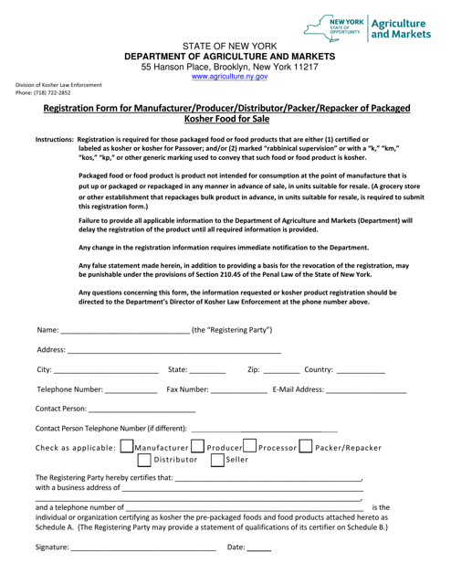 Registration Form for Manufacturer / Producer / Distributor / Packer / Repacker of Packaged Kosher Food for Sale - New York Download Pdf