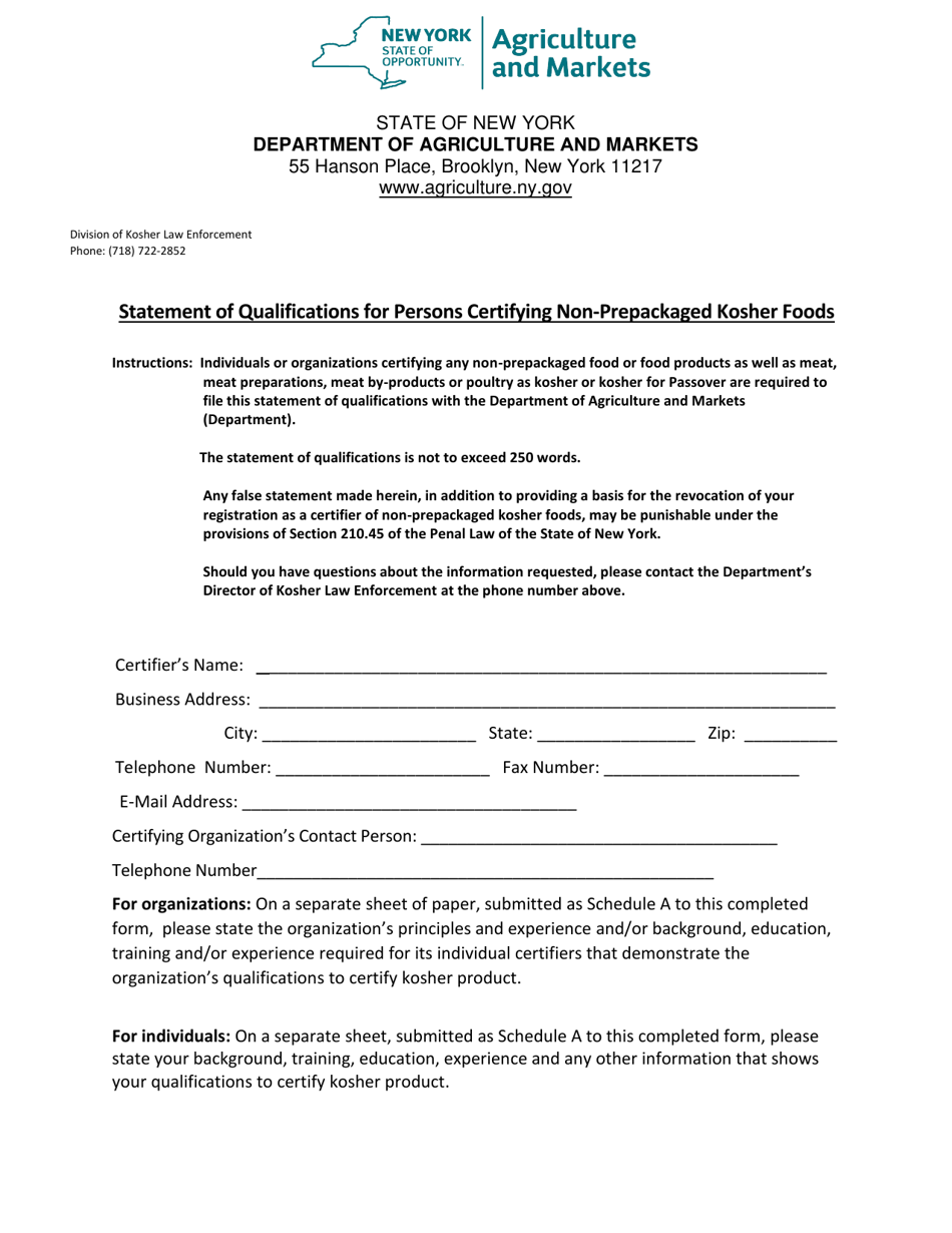 Statement of Qualifications for Persons Certifying Non-prepackaged Kosher Foods - New York, Page 1