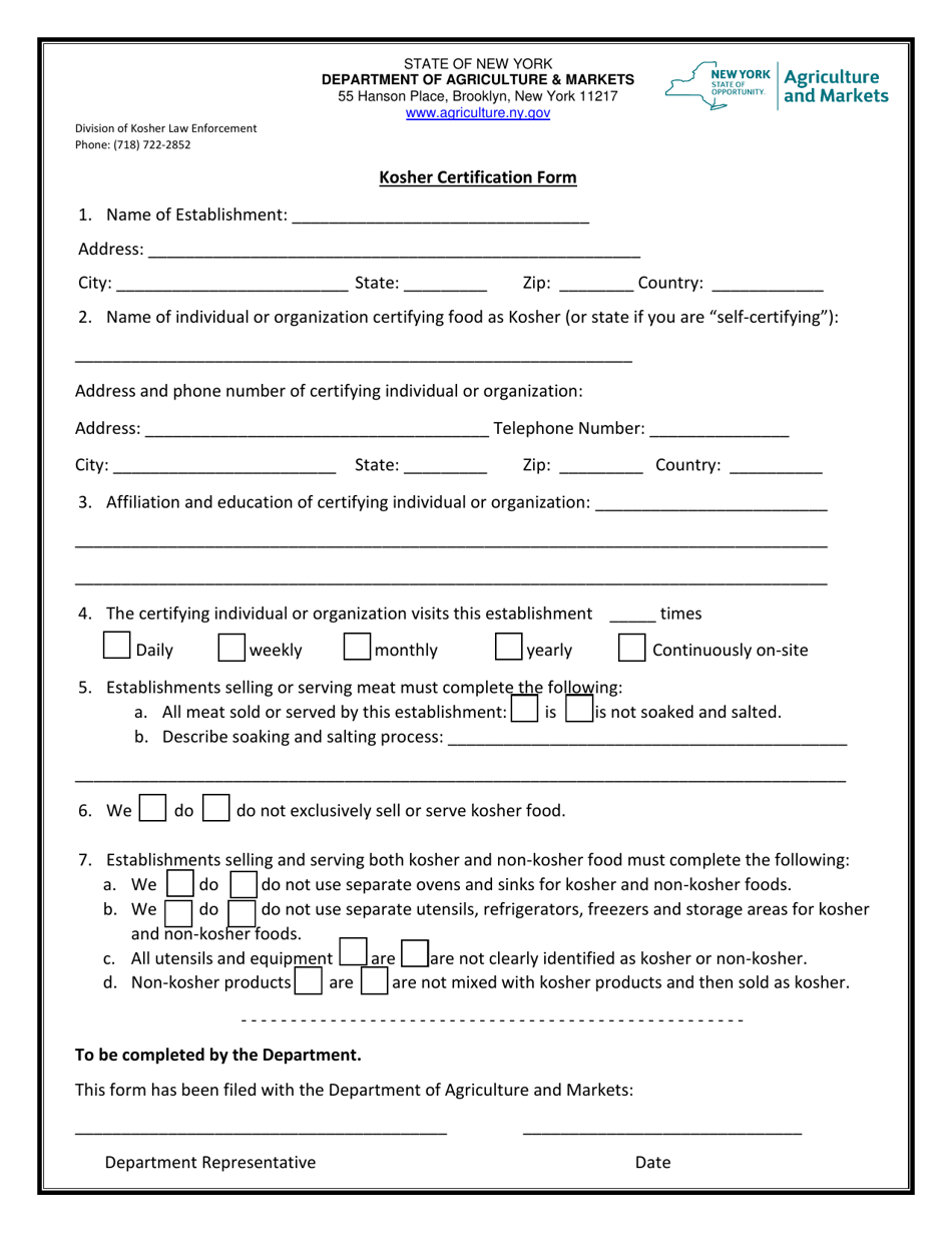 Kosher Certification Form - New York, Page 1
