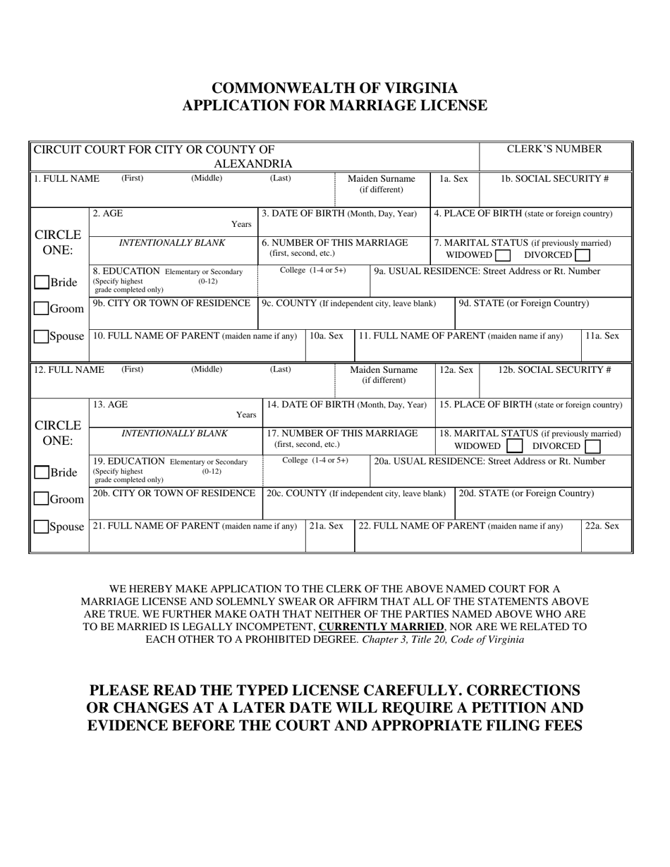 Application for Marriage License - City of Alexandria, Virginia, Page 1