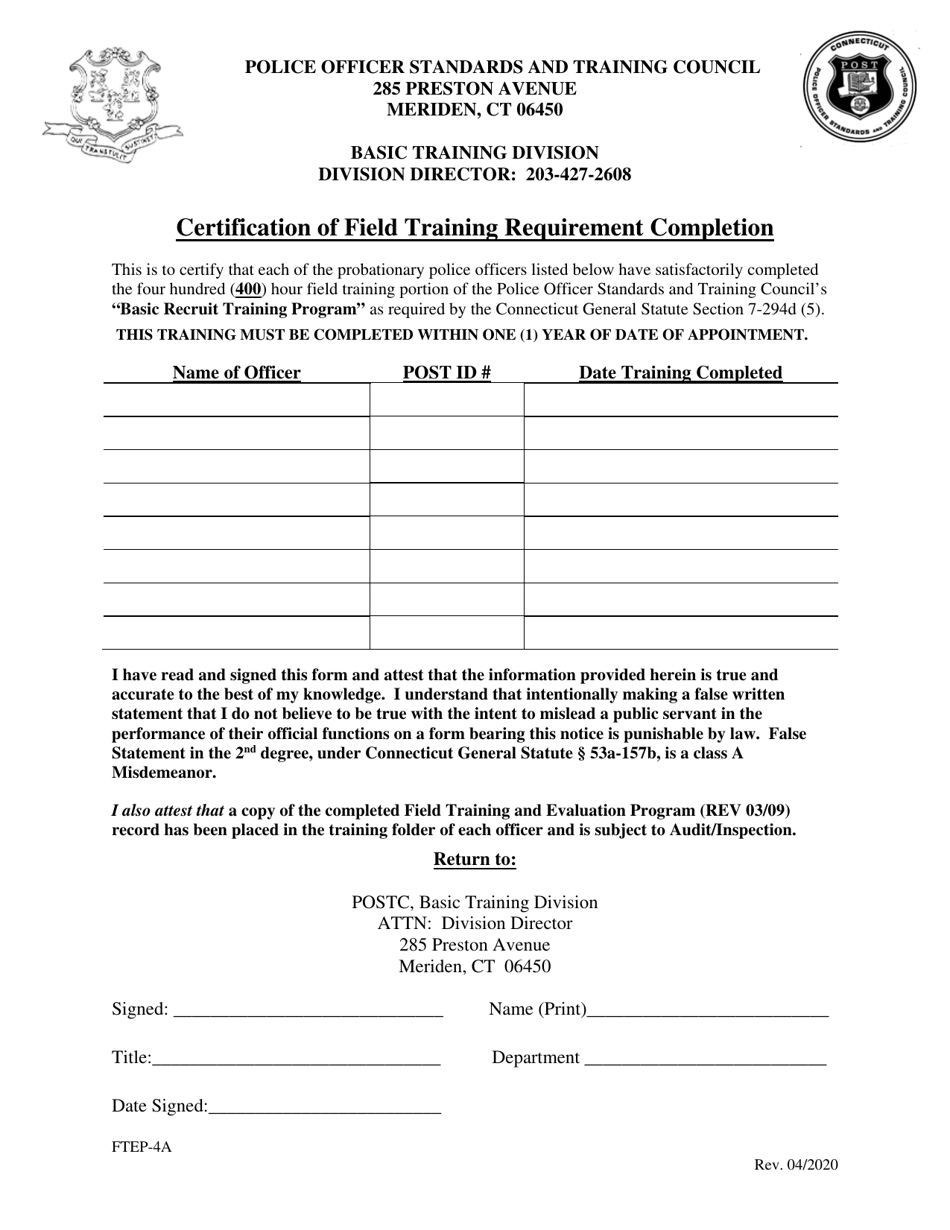 Form FTEP-4A Certification of Field Training Requirement Completion - Connecticut, Page 1