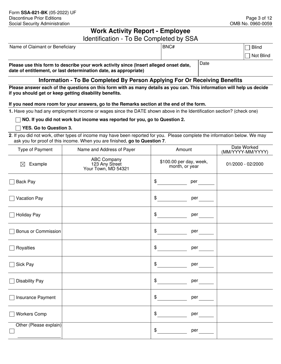 Form SSA-821-BK Work Activity Report - Employee, Page 3