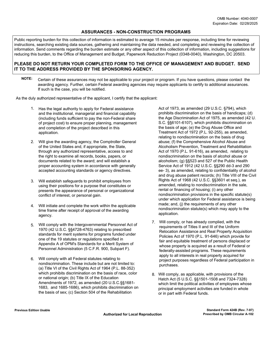Form SF-424B Assurances - Non-construction Programs, Page 1