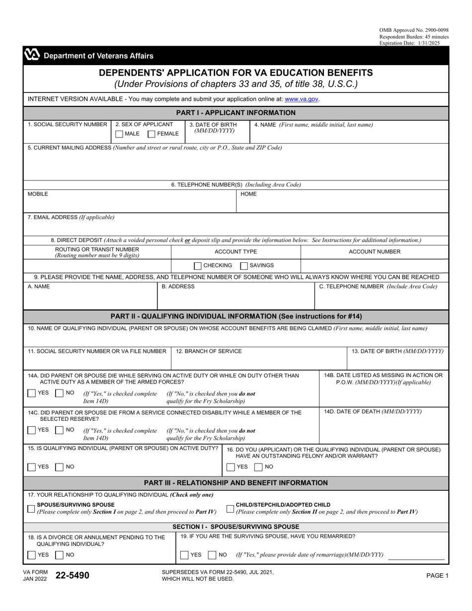 VA Form 225490 Download Fillable PDF or Fill Online Dependents